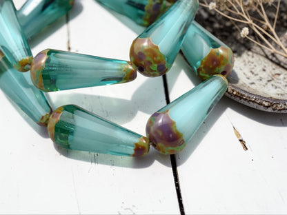 *6* 8x20mm Aqua Cloud Picasso Faceted Drop Beads
