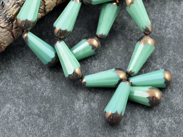 *6* 8x20mm Bronze Tipped Opaque Turquoise Silk Faceted Drop Beads