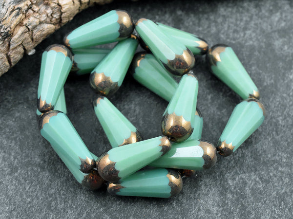 *6* 8x20mm Bronze Tipped Opaque Turquoise Silk Faceted Drop Beads