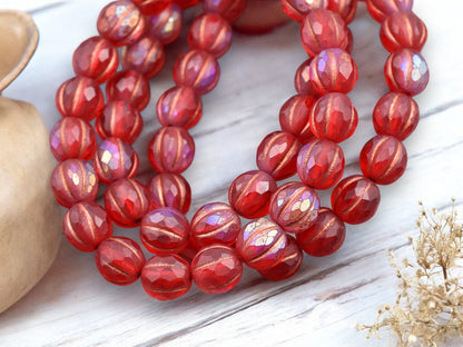 *20* 8mm Copper Washed Matte Red AB Faceted Round Melon Beads