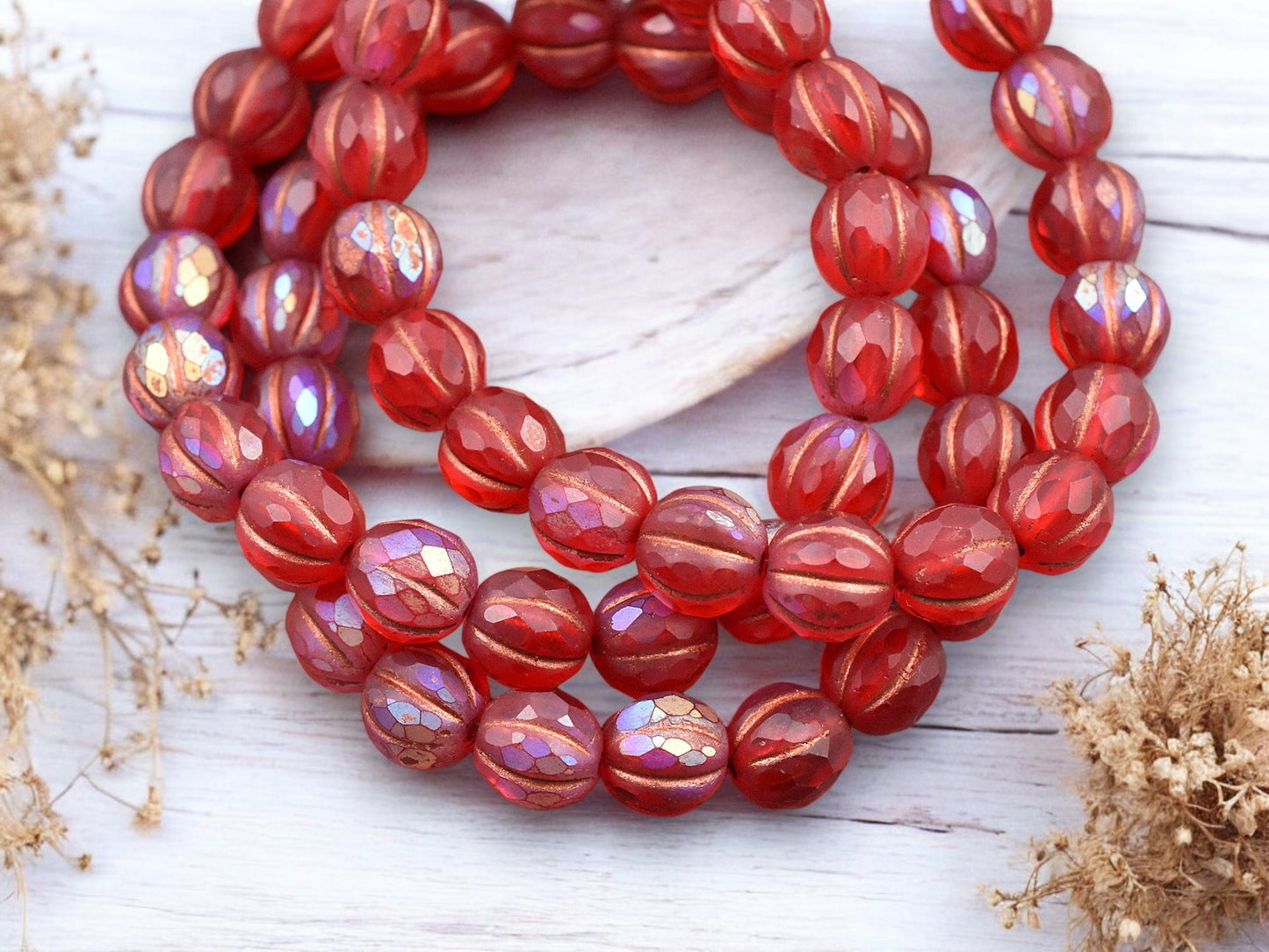 *20* 8mm Copper Washed Matte Red AB Faceted Round Melon Beads