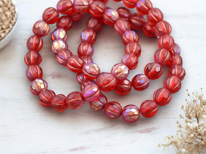 *20* 8mm Copper Washed Matte Red AB Faceted Round Melon Beads
