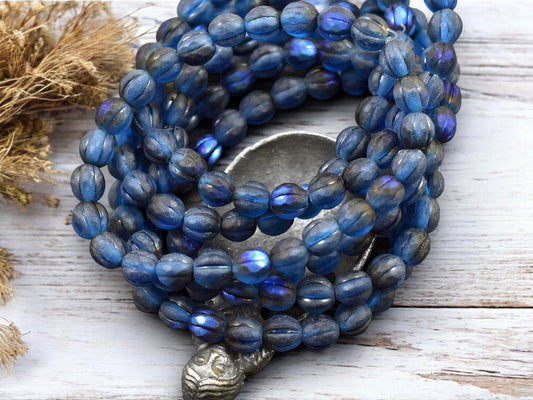 *25* 6mm Blue Luster Washed Matte Pacific Blue Faceted Round Melon Beads