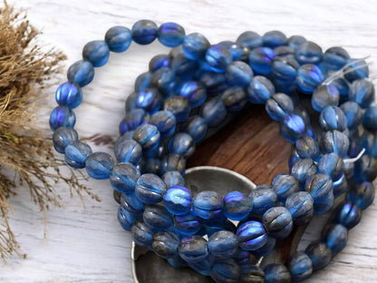 *25* 6mm Blue Luster Washed Matte Pacific Blue Faceted Round Melon Beads