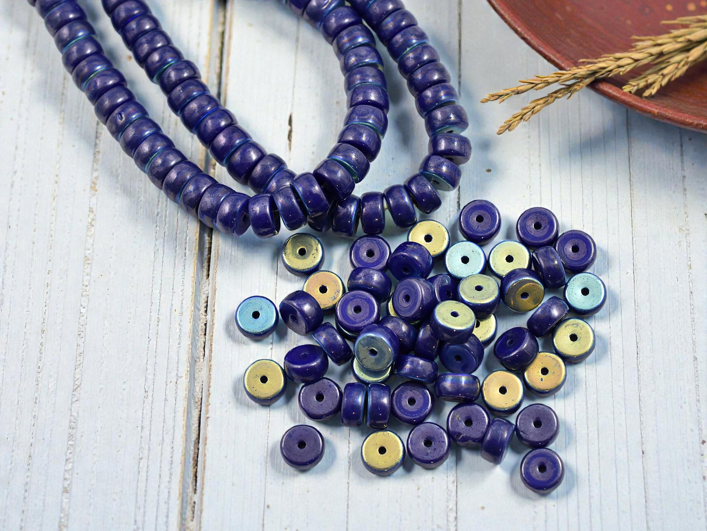 *50* 6x3mm Blue Picasso Washed Opaque Indigo AB Heishi Beads