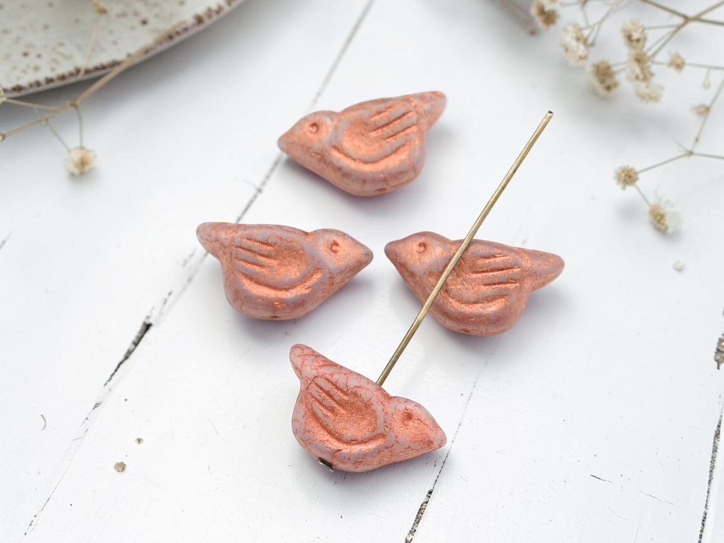 *6* 11x22mm Copper Washed Matte Milky Crystal Bird Beads