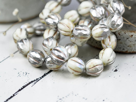 *12* 10mm Metallic Beige Washed Silvered Ivory Faceted Round Melon Beads