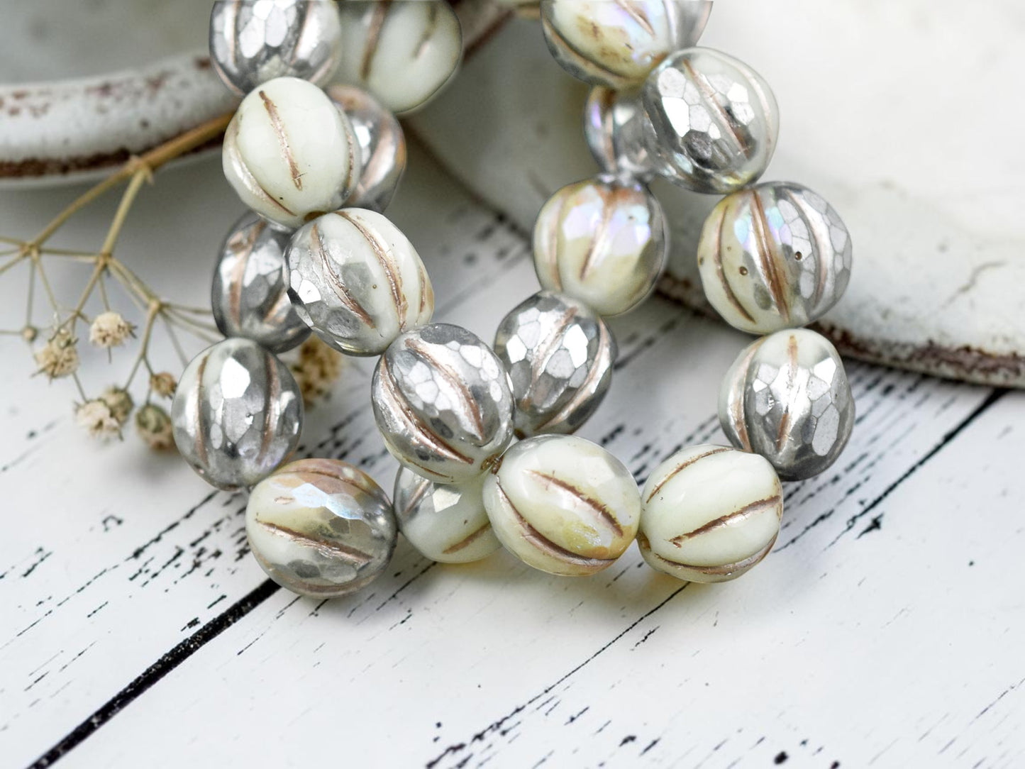 *12* 10mm Metallic Beige Washed Silvered Ivory Faceted Round Melon Beads