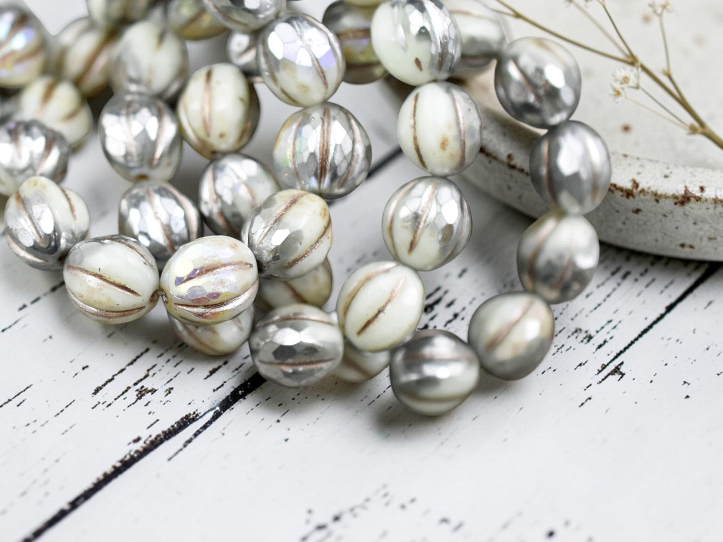 *12* 10mm Metallic Beige Washed Silvered Ivory Faceted Round Melon Beads