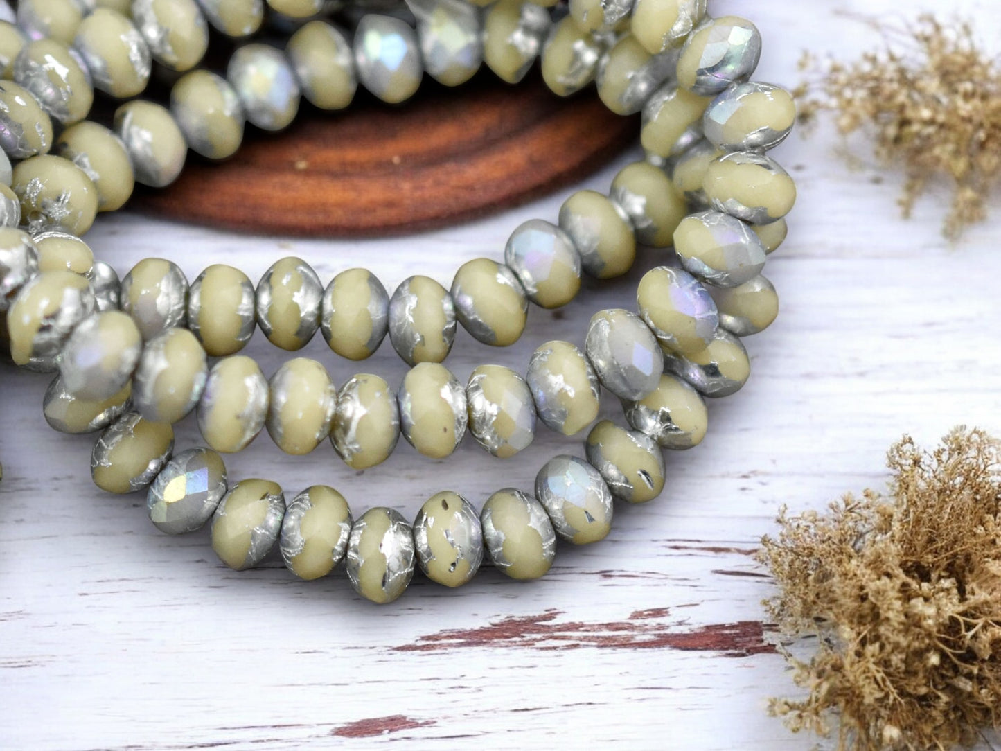 *30* 3x5mm Silver AB Washed Opaque Ivory Fire Polished Rondelle Beads