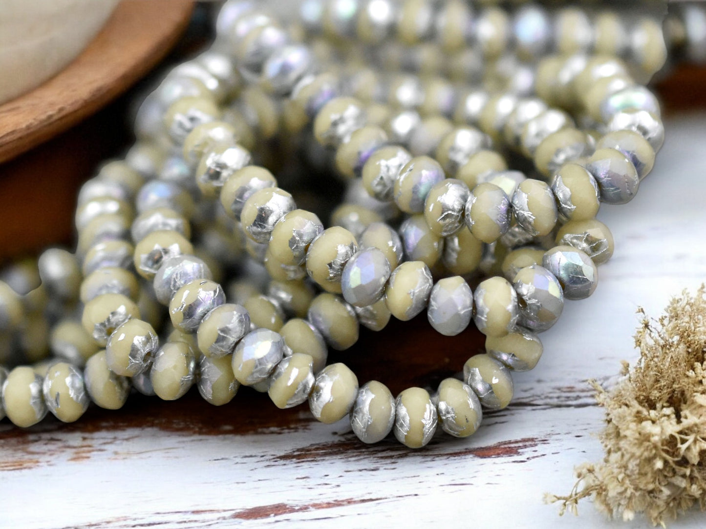 *30* 3x5mm Silver AB Washed Opaque Ivory Fire Polished Rondelle Beads