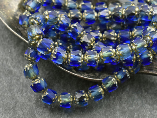 Gold Washed Mixed Matte Aqua & Sapphire Fire Polish Cathedral Beads