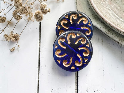 *2* 23mm Bronze Washed Cobalt Sun Coin Beads