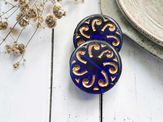 *2* 23mm Bronze Washed Cobalt Sun Coin Beads