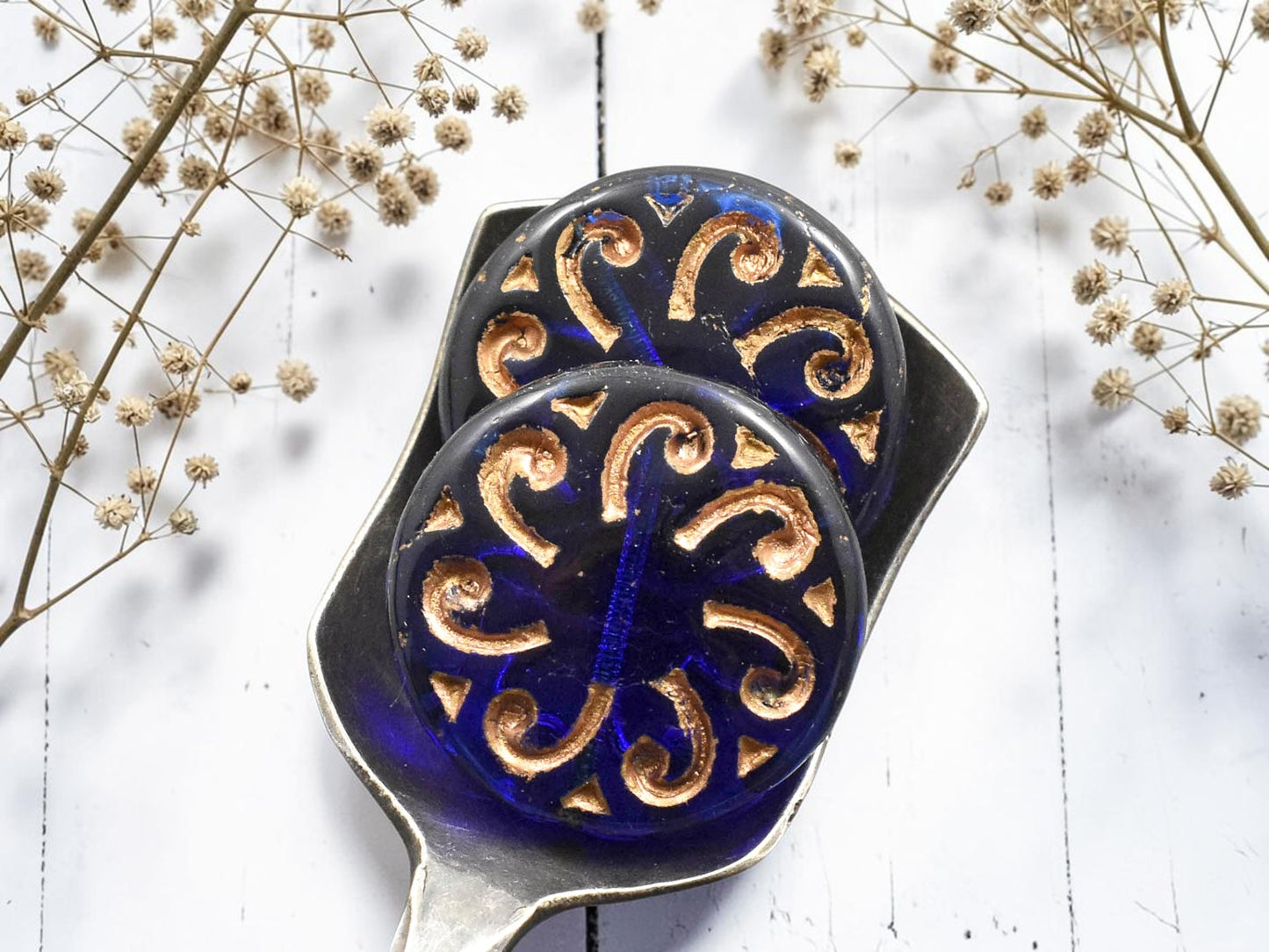 *2* 23mm Bronze Washed Cobalt Sun Coin Beads