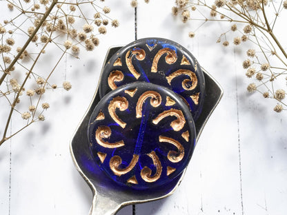 *2* 23mm Bronze Washed Cobalt Sun Coin Beads