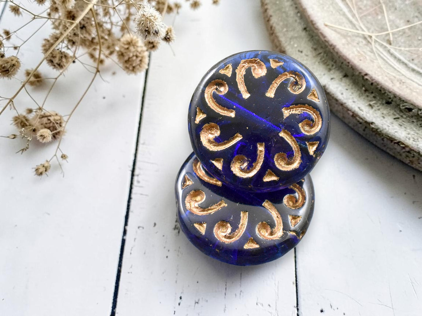 *2* 23mm Bronze Washed Cobalt Sun Coin Beads
