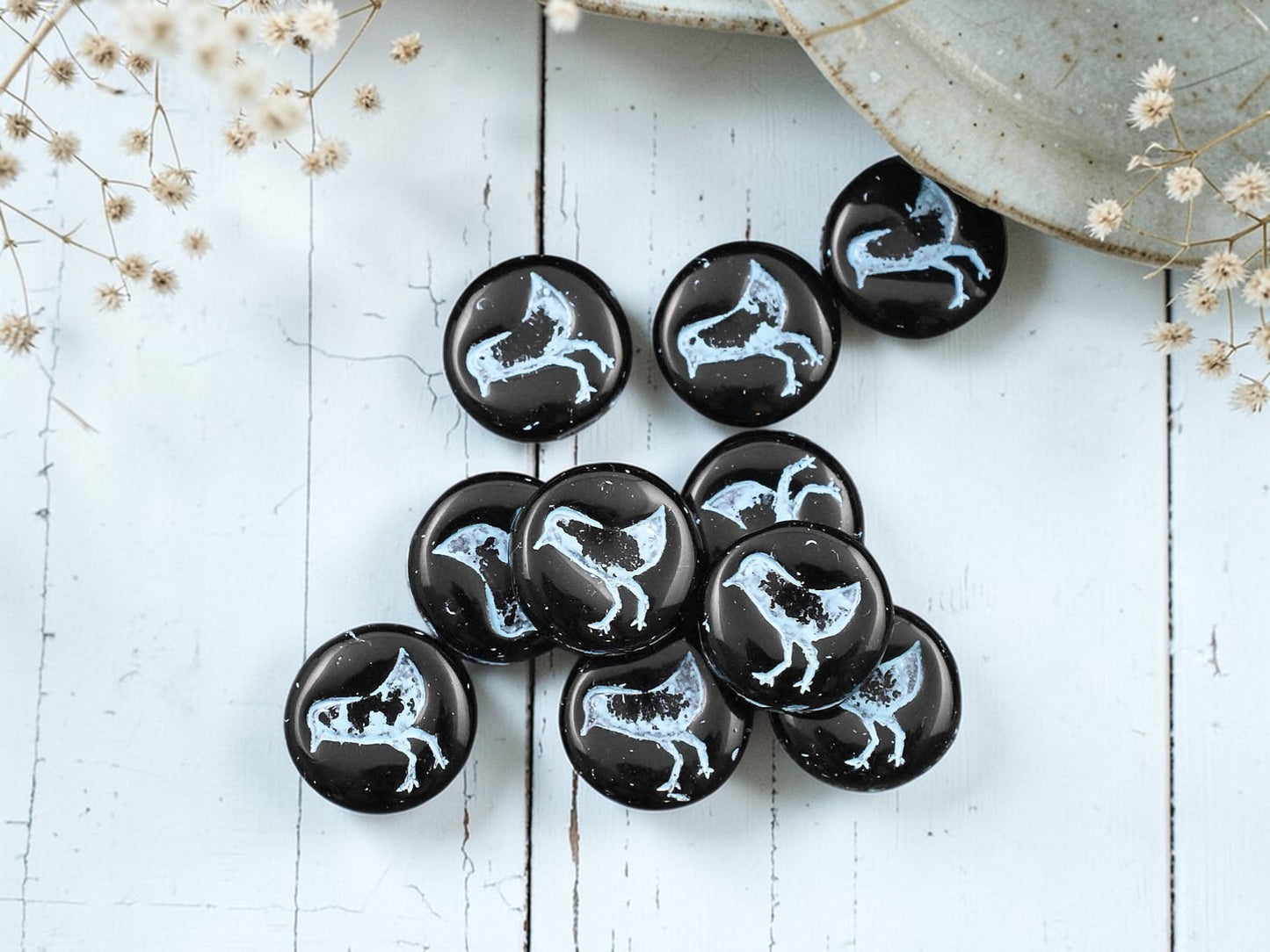 *15* 12mm Turquoise Washed Jet Black Bird Coin Beads