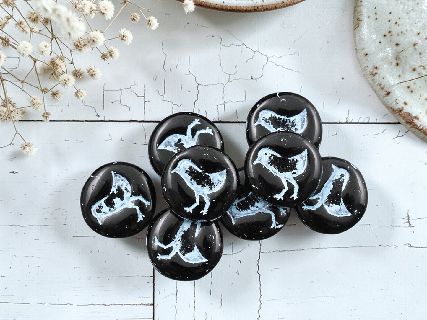 *15* 12mm Turquoise Washed Jet Black Bird Coin Beads