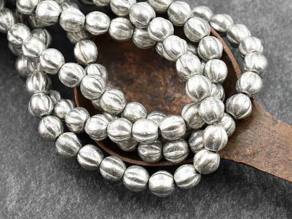 *25* 6mm White Washed Antique Silver Fluted Round Melon Beads