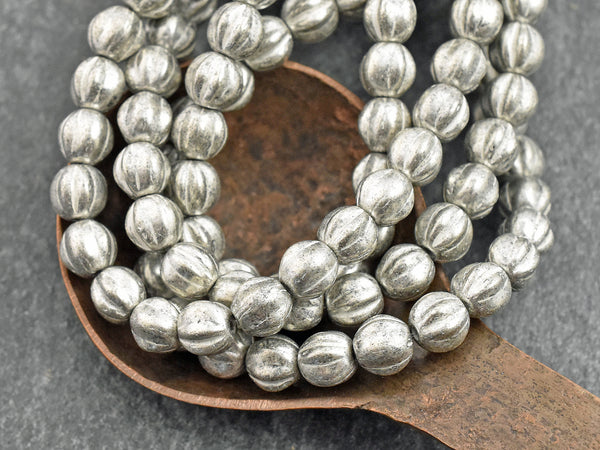 *25* 6mm White Washed Antique Silver Fluted Round Melon Beads