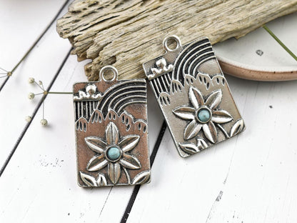 *5* 30x19mm Antique Silver Rectangle Plumeria Floral Charms
