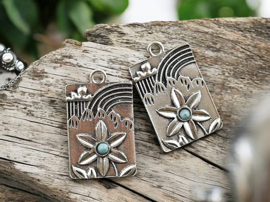 *5* 30x19mm Antique Silver Rectangle Plumeria Floral Charms