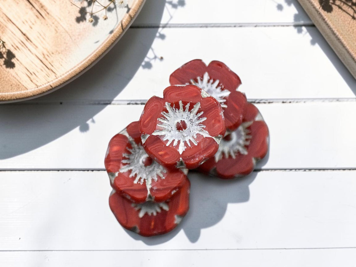 *12* 12mm Light Grey Washed Red Opaline Hawaiian Flower Beads