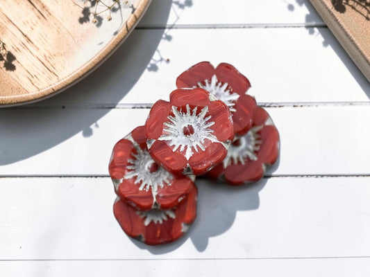 *12* 12mm Light Grey Washed Red Opaline Hawaiian Flower Beads