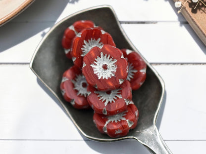 *12* 12mm Light Grey Washed Red Opaline Hawaiian Flower Beads