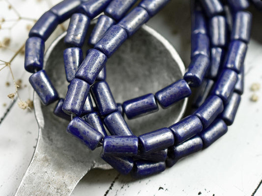 *16* 9x5mm Navy Blue Silver Picasso Tube Beads
