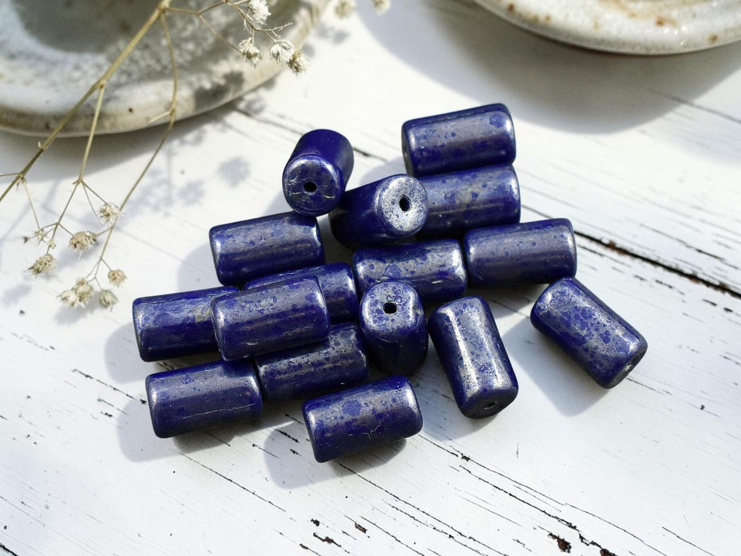 *16* 9x5mm Navy Blue Silver Picasso Tube Beads