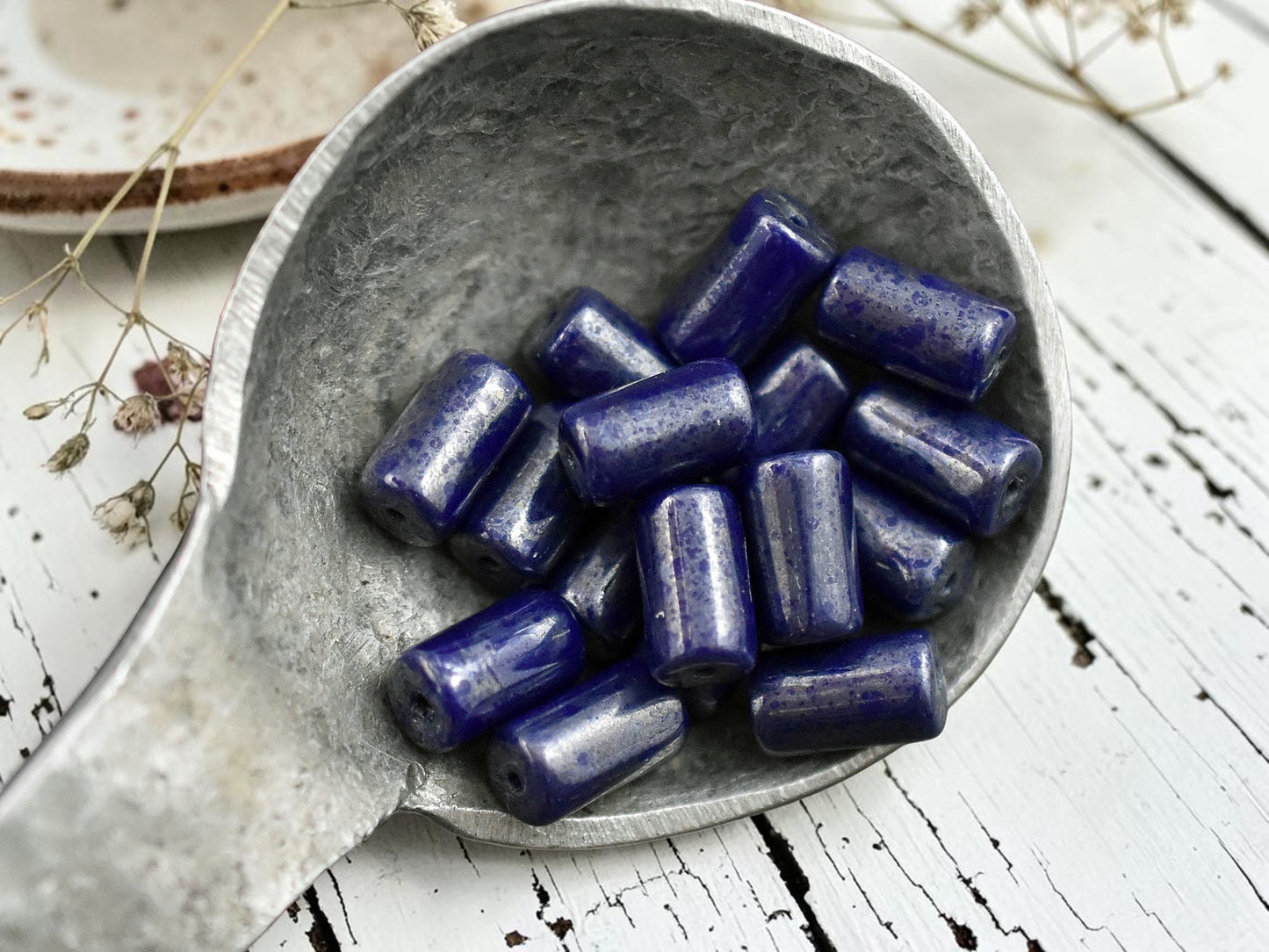*16* 9x5mm Navy Blue Silver Picasso Tube Beads