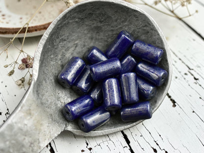 *16* 9x5mm Navy Blue Silver Picasso Tube Beads