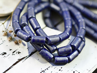 *16* 9x5mm Navy Blue Silver Picasso Tube Beads