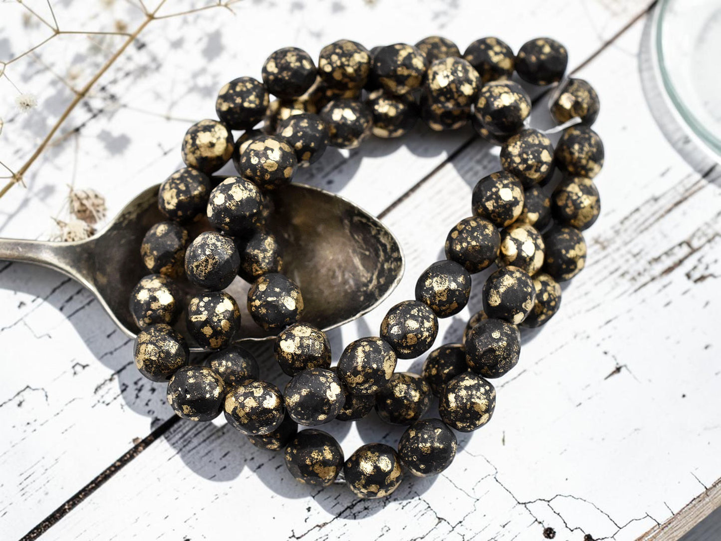 *20* 8mm Gold Splattered Matte Black Fire Polished Round Beads