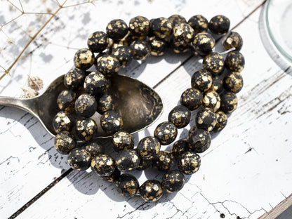 *20* 8mm Gold Splattered Matte Black Fire Polished Round Beads