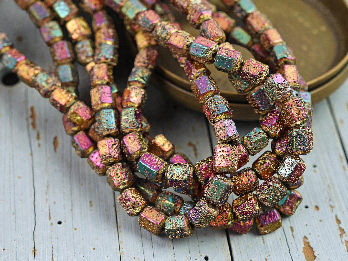 8x7mm Metallic Volcano Electroplated Lava Rock Hexagon Beads (15" Strand)