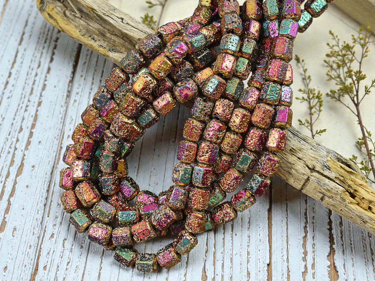 8x7mm Metallic Volcano Electroplated Lava Rock Hexagon Beads (15" Strand)