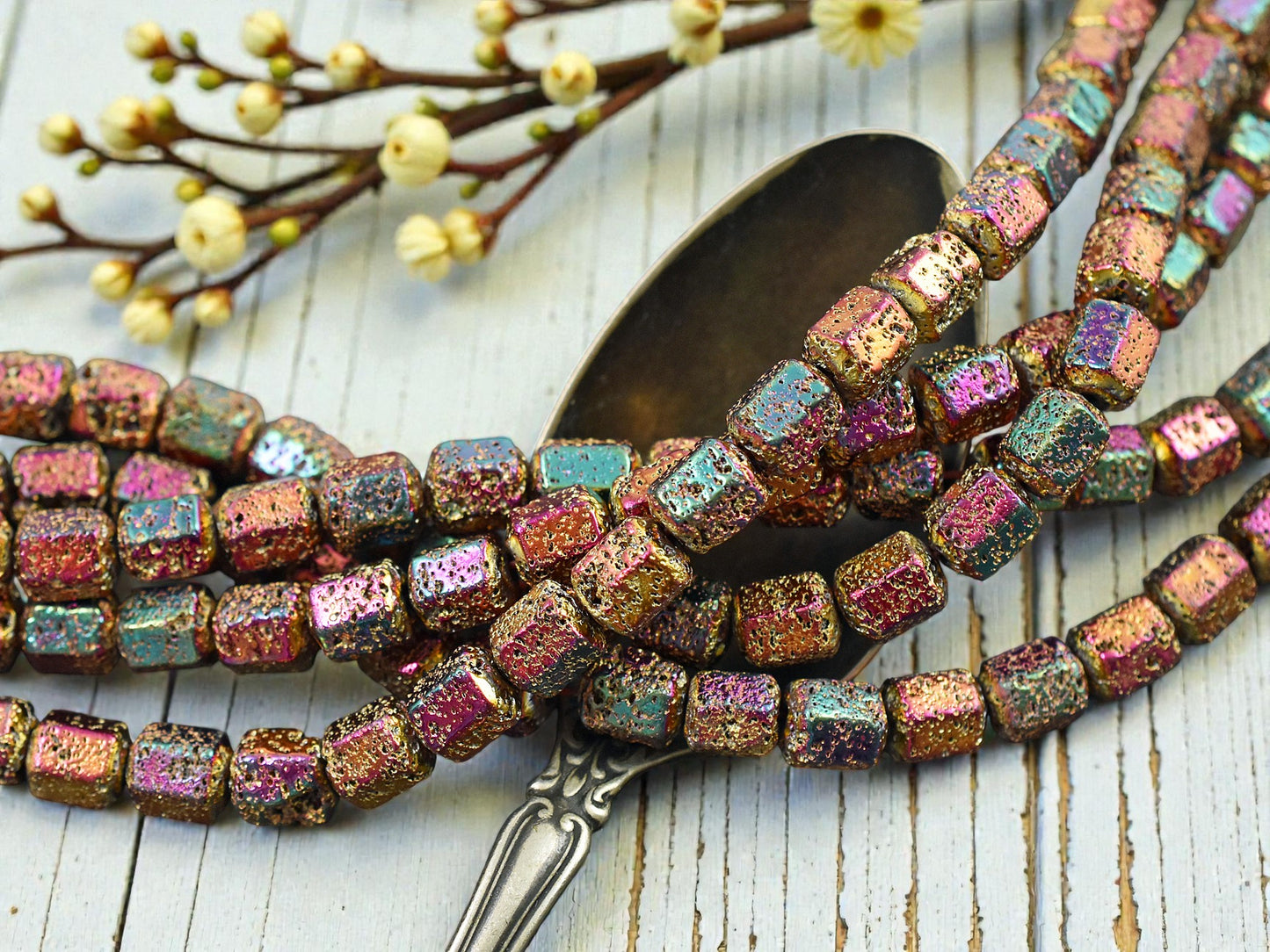 8x7mm Metallic Volcano Electroplated Lava Rock Hexagon Beads (15" Strand)