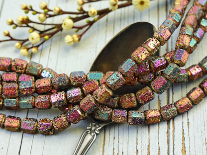 8x7mm Metallic Volcano Electroplated Lava Rock Hexagon Beads (15" Strand)