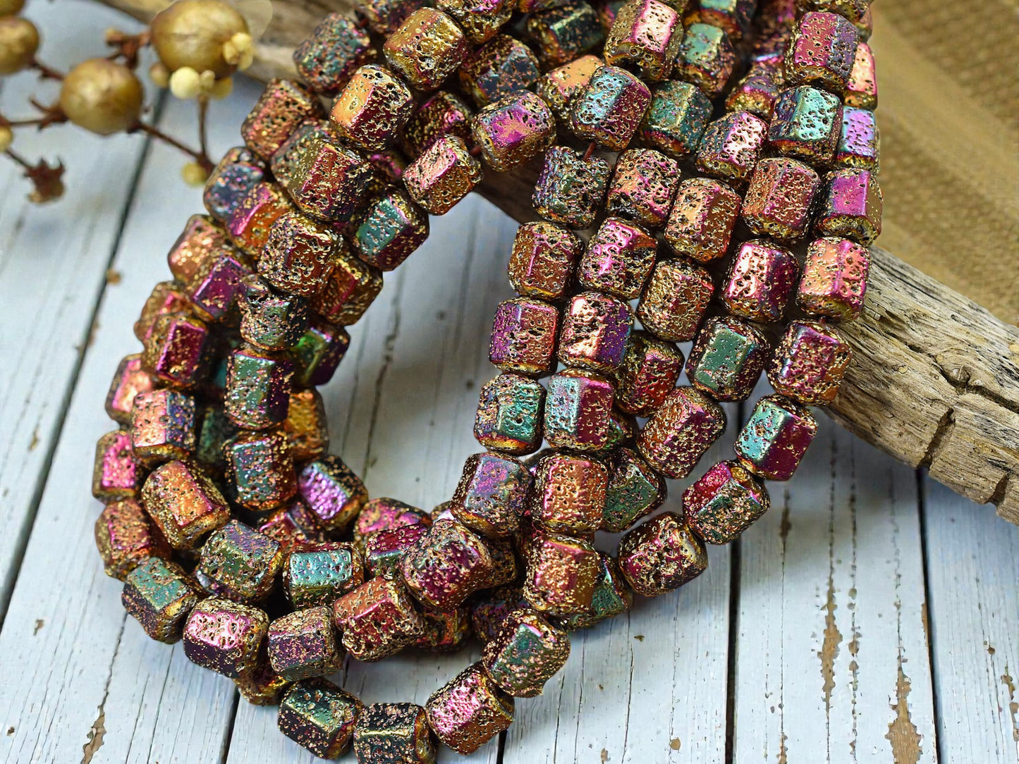 8x7mm Metallic Volcano Electroplated Lava Rock Hexagon Beads (15" Strand)