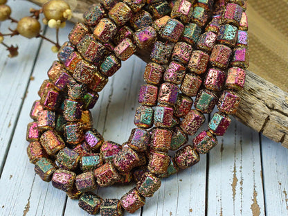 8x7mm Metallic Volcano Electroplated Lava Rock Hexagon Beads (15" Strand)