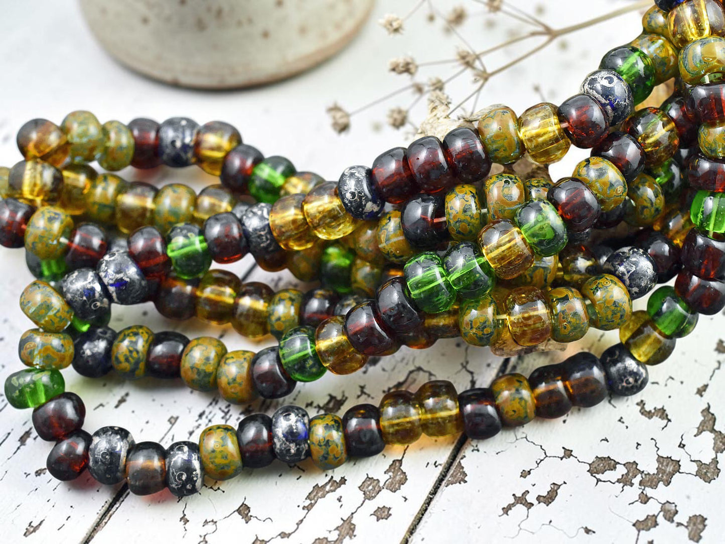 34/0 Aged Rustic Rainbow Picasso Mix Seed Beads (16" Strand)