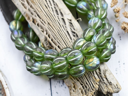 *20* 8mm Metallic Green Washed Matte Peridot AB Faceted Round Melon Beads