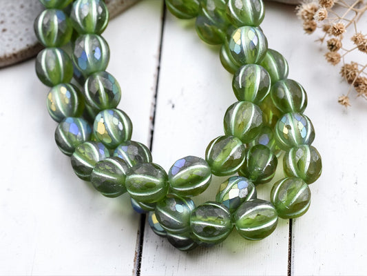 *20* 8mm Metallic Green Washed Matte Peridot AB Faceted Round Melon Beads