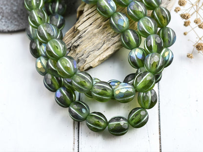 *20* 8mm Metallic Green Washed Matte Peridot AB Faceted Round Melon Beads