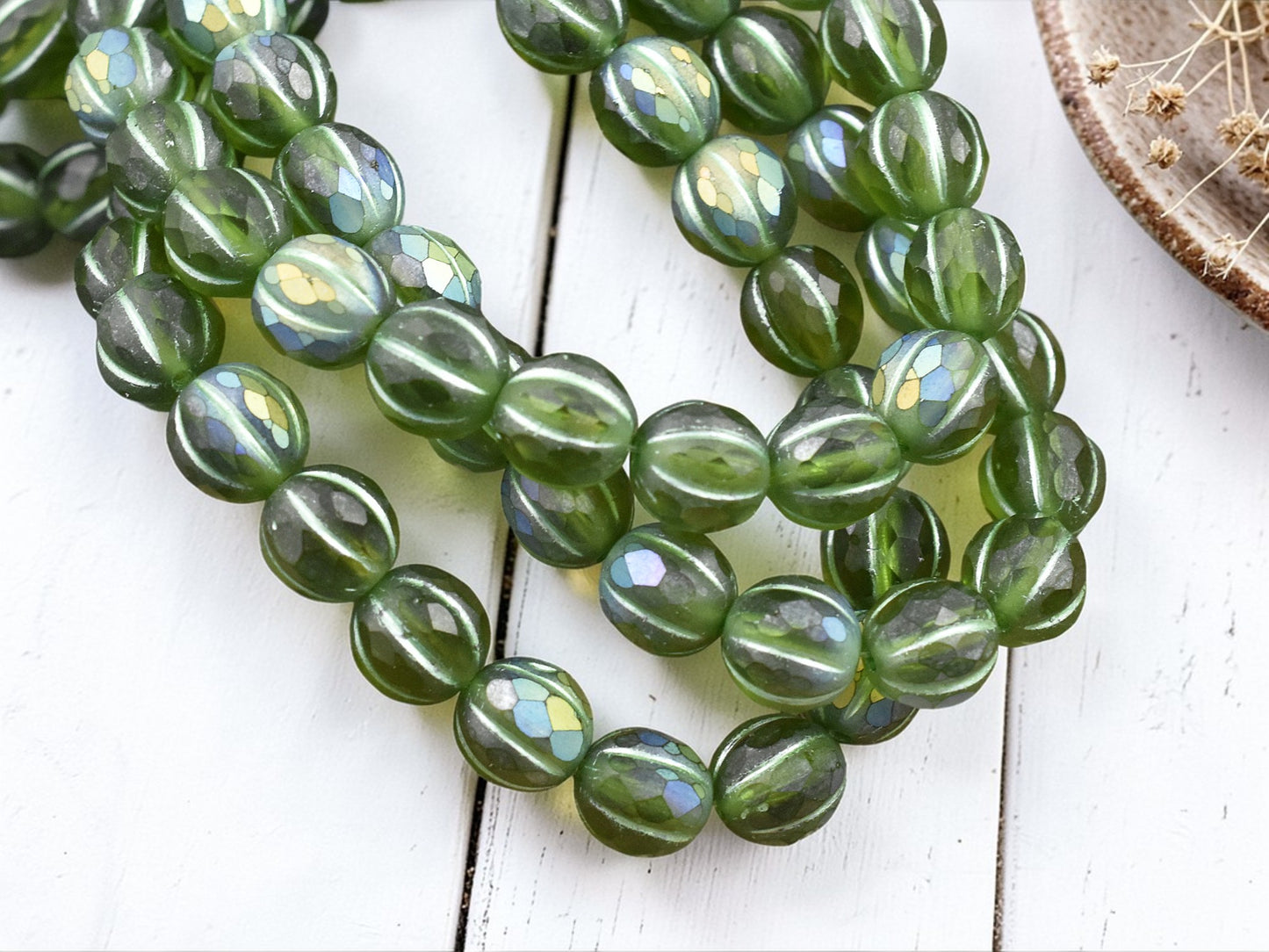 *20* 8mm Metallic Green Washed Matte Peridot AB Faceted Round Melon Beads