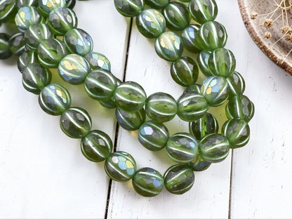 *20* 8mm Metallic Green Washed Matte Peridot AB Faceted Round Melon Beads