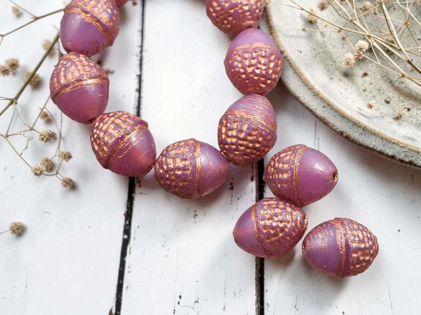 *8* 10x12mm Copper Washed Pink Opaline Acorn Oval Beads